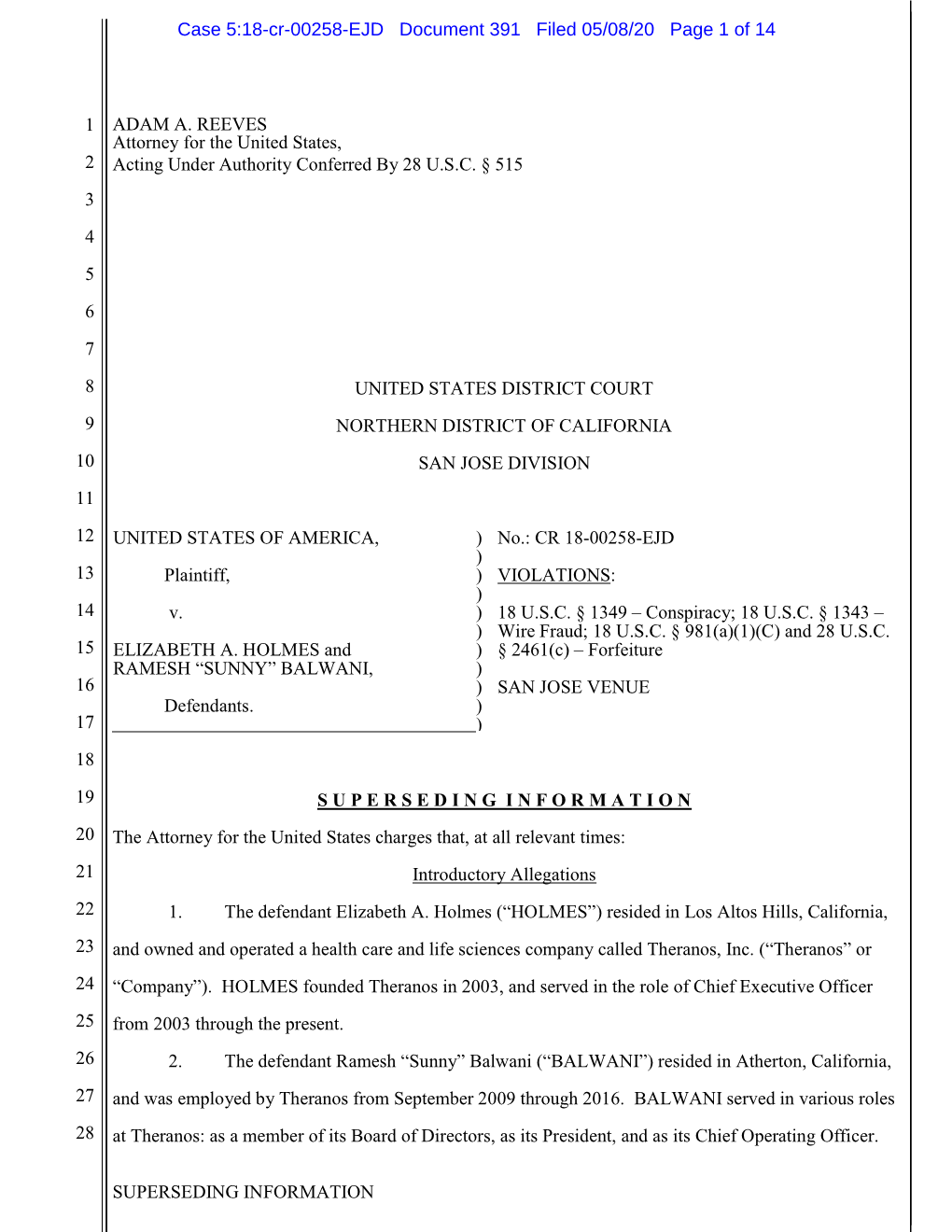 Case 5:18-Cr-00258-EJD Document 391 Filed 05/08/20 Page 1 of 14