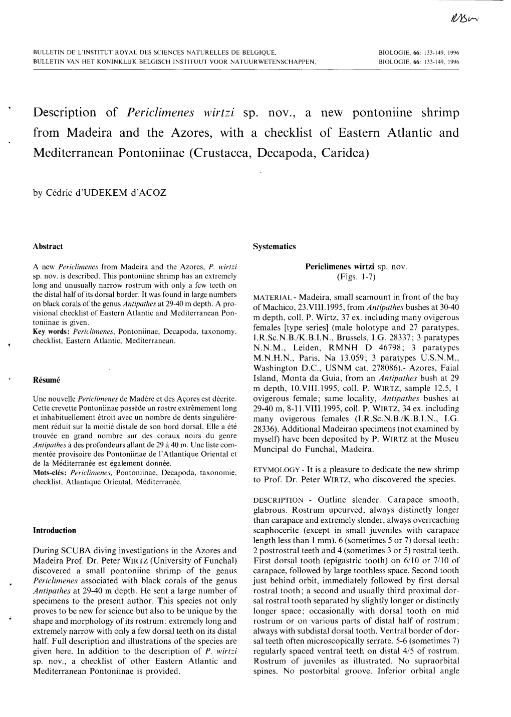 Description of Periclimenes Wirtzi Sp. Nov., a New Pontoniine Shrimp From