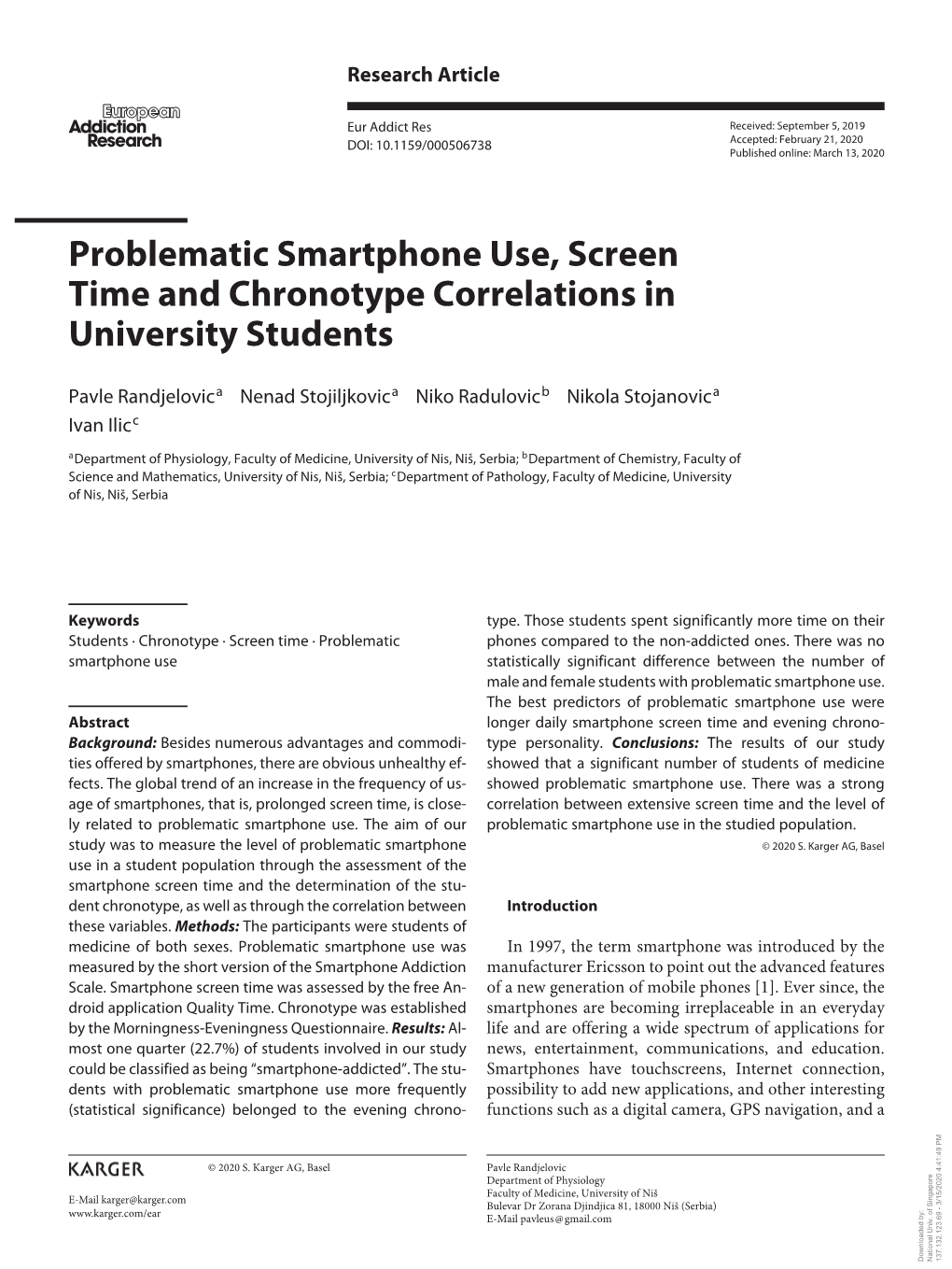 Problematic Smartphone Use, Screen Time and Chronotype Correlations in University Students