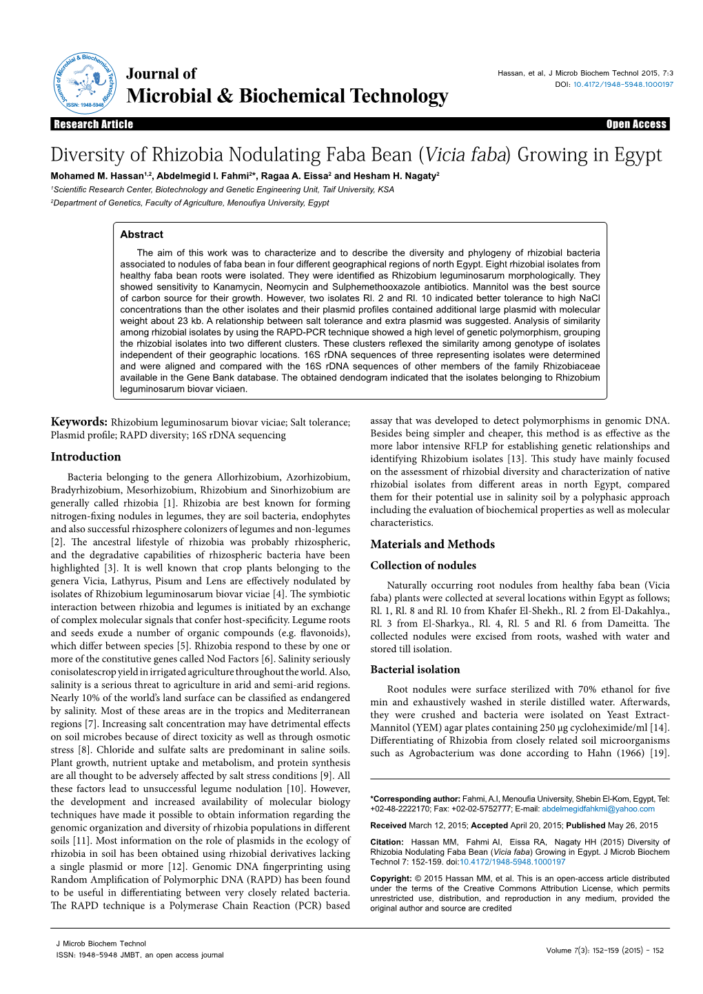 Diversity of Rhizobia Nodulating Faba Bean (Vicia Faba) Growing in Egypt Mohamed M