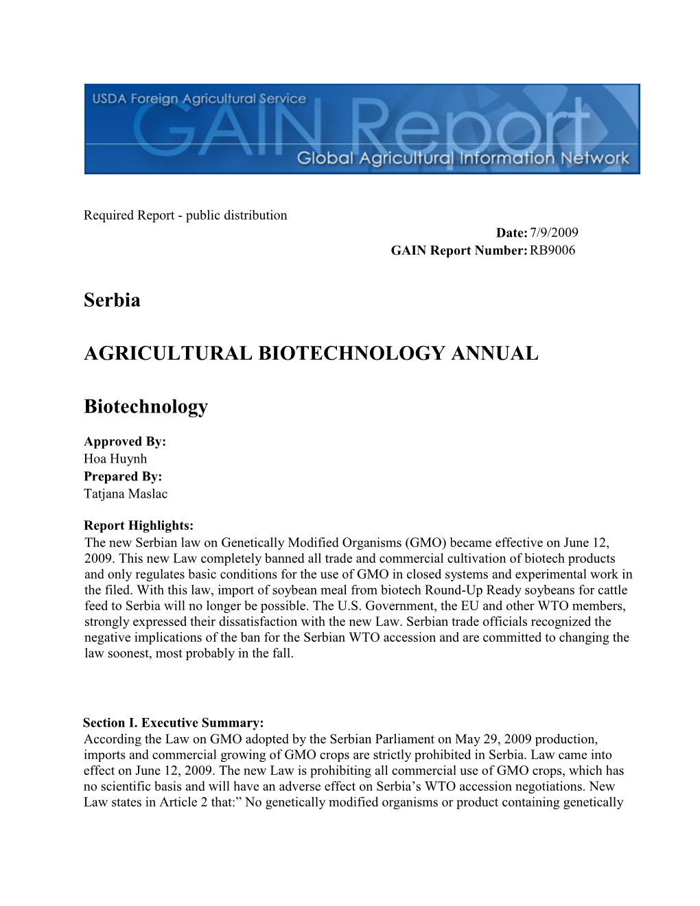 Serbia AGRICULTURAL BIOTECHNOLOGY ANNUAL