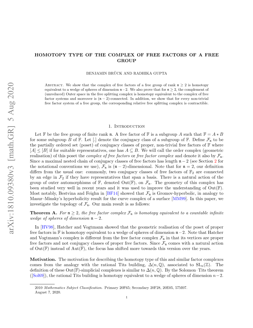 Arxiv:1810.09380V3 [Math.GR] 5 Aug 2020 Free Factors in F Is Homotopy Equivalent to a Wedge of Spheres of Dimension N−2