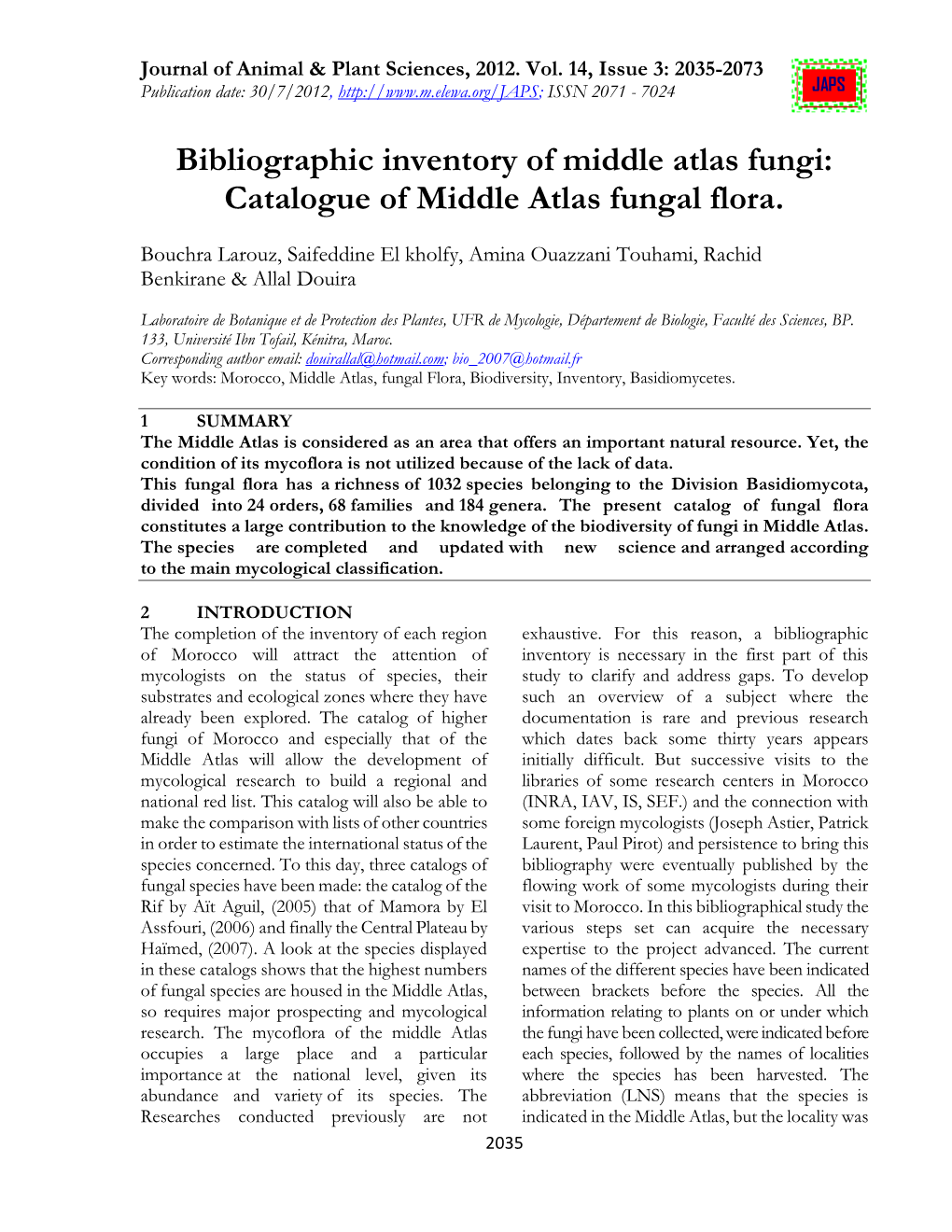 Bibliographic Inventory of Middle Atlas Fungi: Catalogue of Middle Atlas Fungal Flora