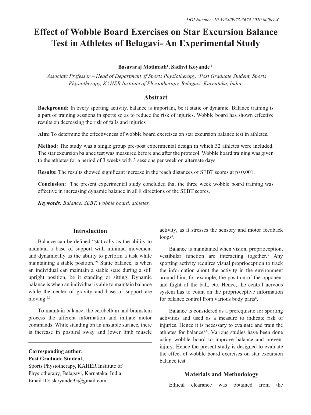 Effect of Wobble Board Exercises on Star Excursion Balance Test in Athletes of Belagavi- an Experimental Study