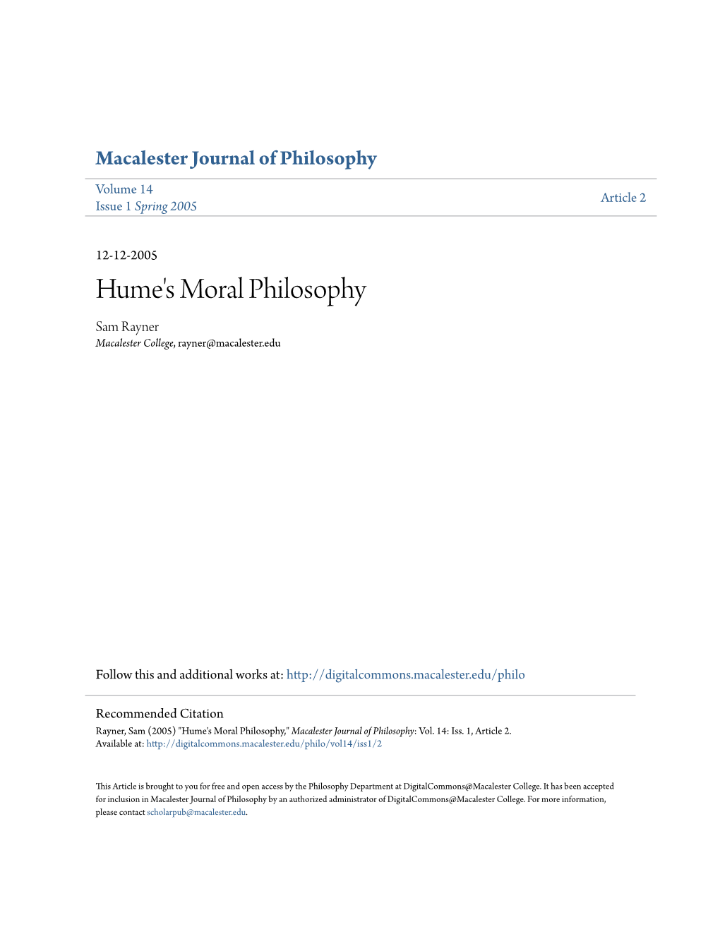 Hume's Moral Philosophy Sam Rayner Macalester College, Rayner@Macalester.Edu