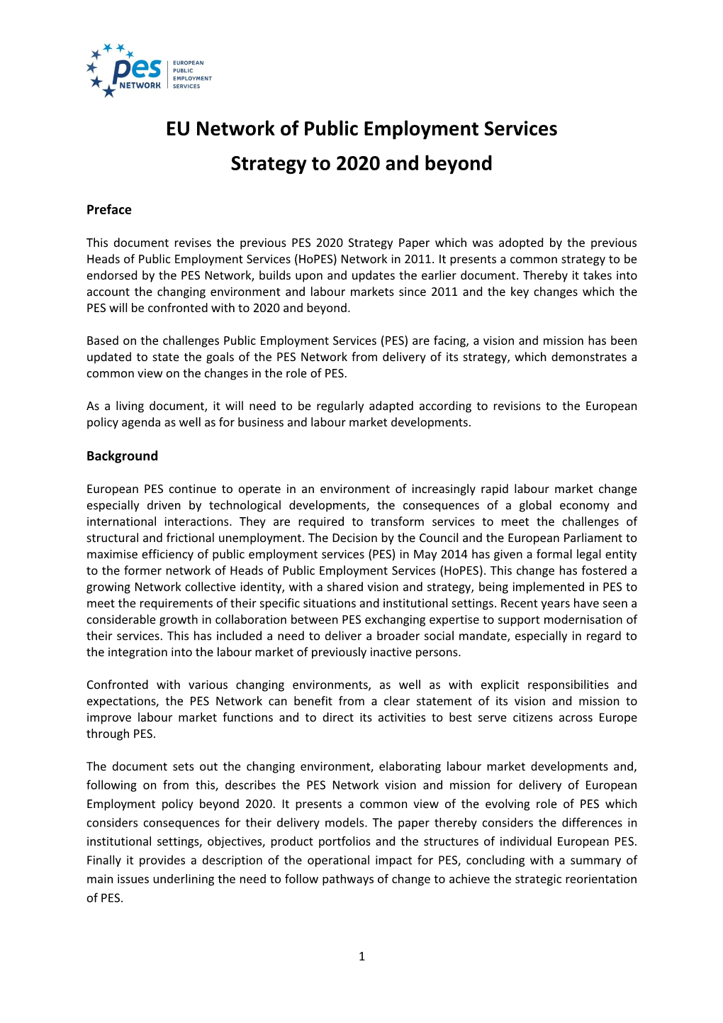 EU Network of Public Employment Services Strategy to 2020 and Beyond
