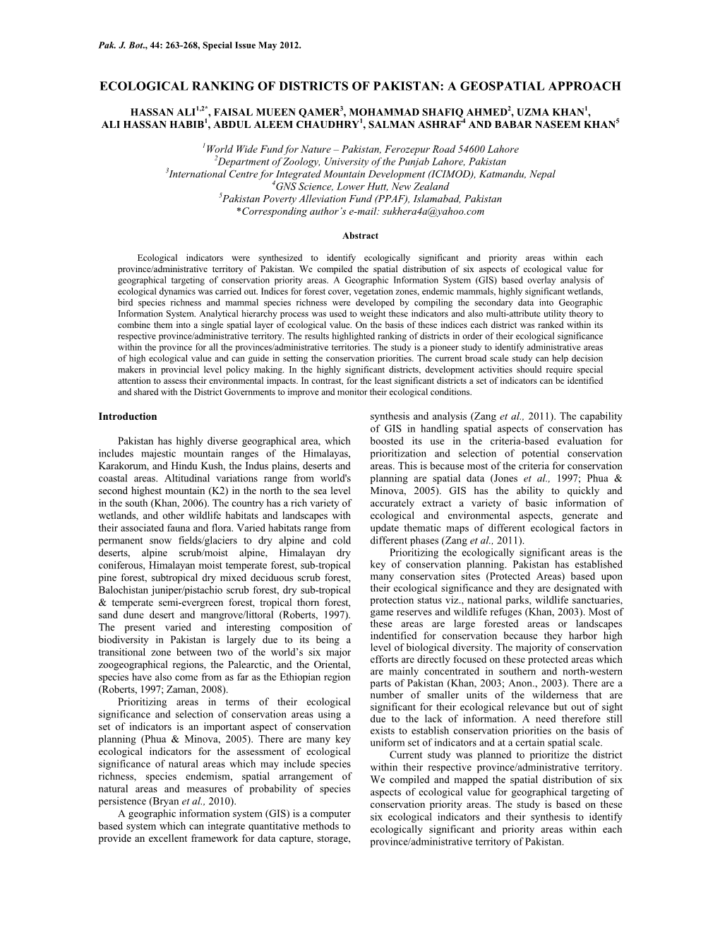 Ecological Ranking of Districts of Pakistan: a Geospatial Approach