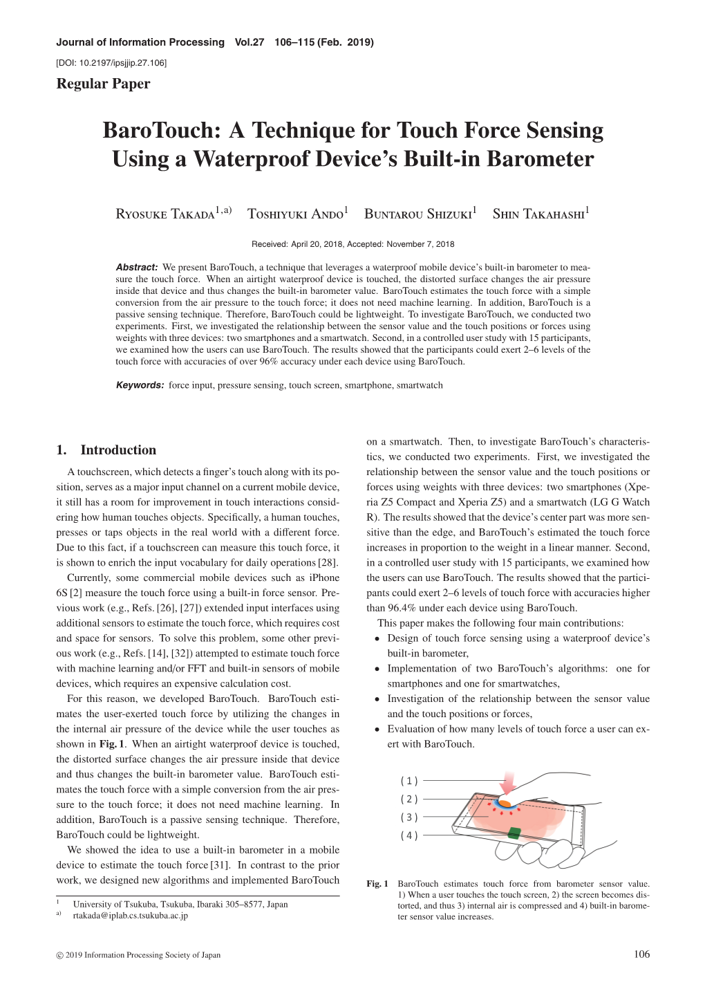 Barotouch: a Technique for Touch Force Sensing Using a Waterproof Device’S Built-In Barometer