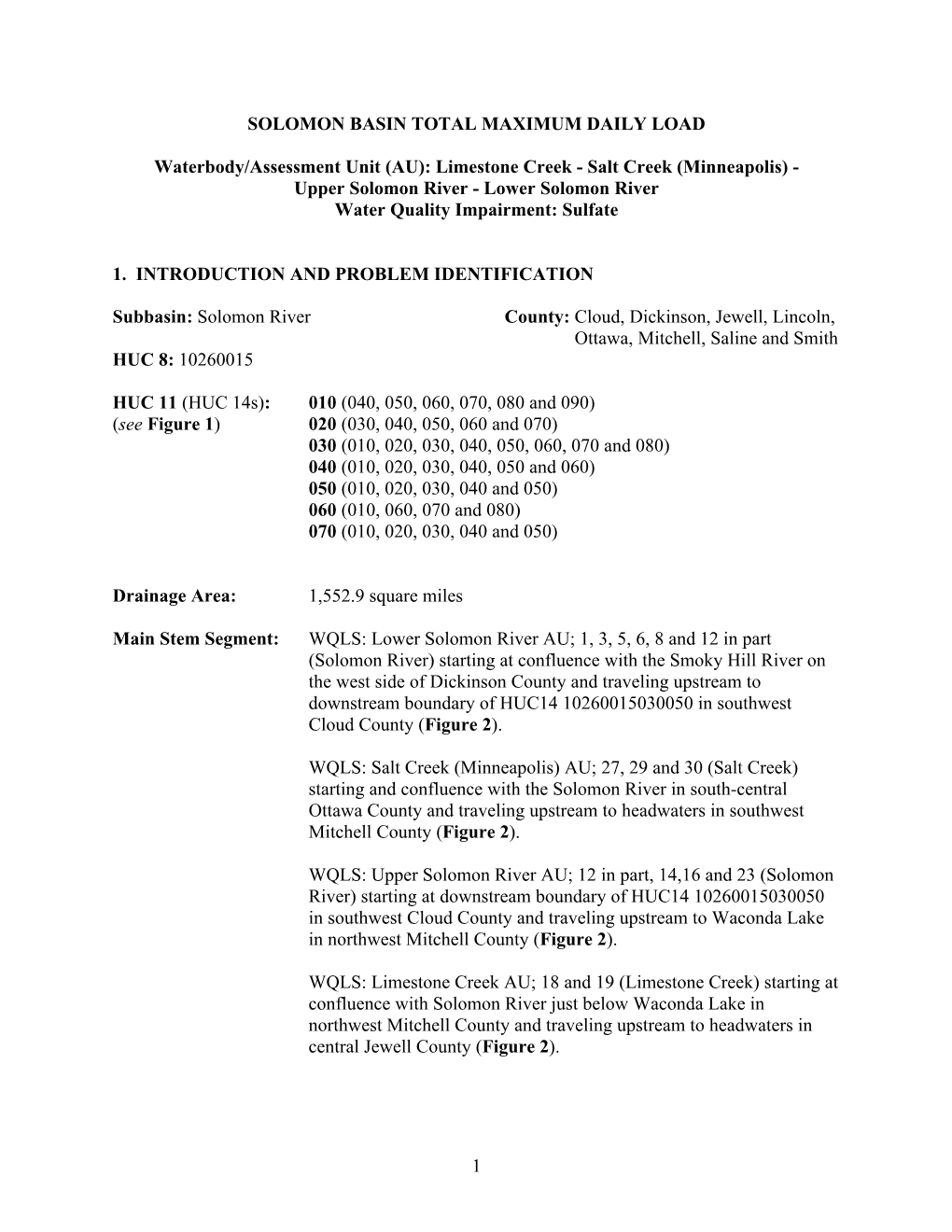 Limestone Creek - Salt Creek (Minneapolis) - Upper Solomon River - Lower Solomon River Water Quality Impairment: Sulfate