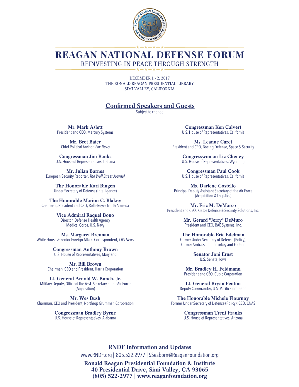 Reagan National Defense Forum Reinvesting in Peace Through Strength