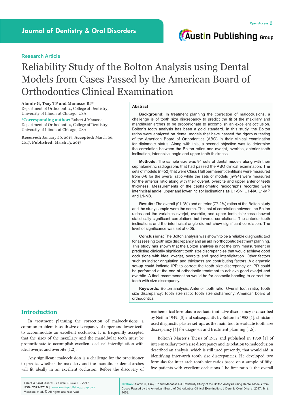 Reliability Study of the Bolton Analysis Using Dental Models from Cases Passed by the American Board of Orthodontics Clinical Examination