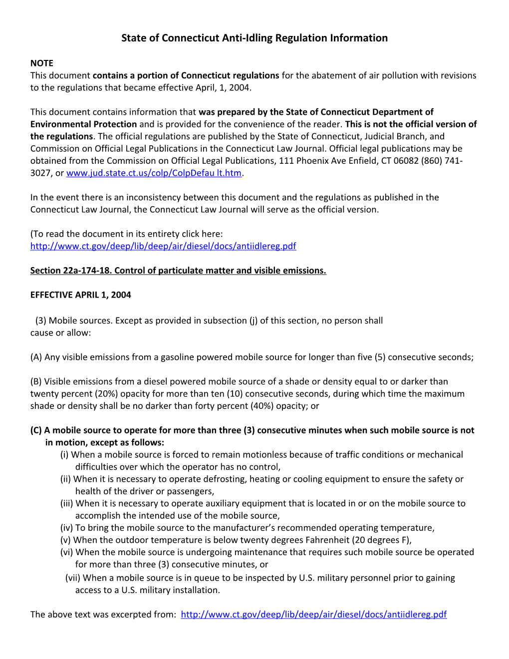 State of Connecticut Anti-Idling Regulation Information