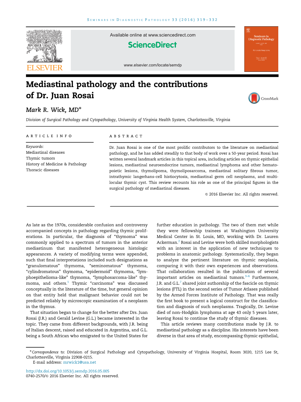 Mediastinal Pathology and the Contributions of Dr. Juan Rosai