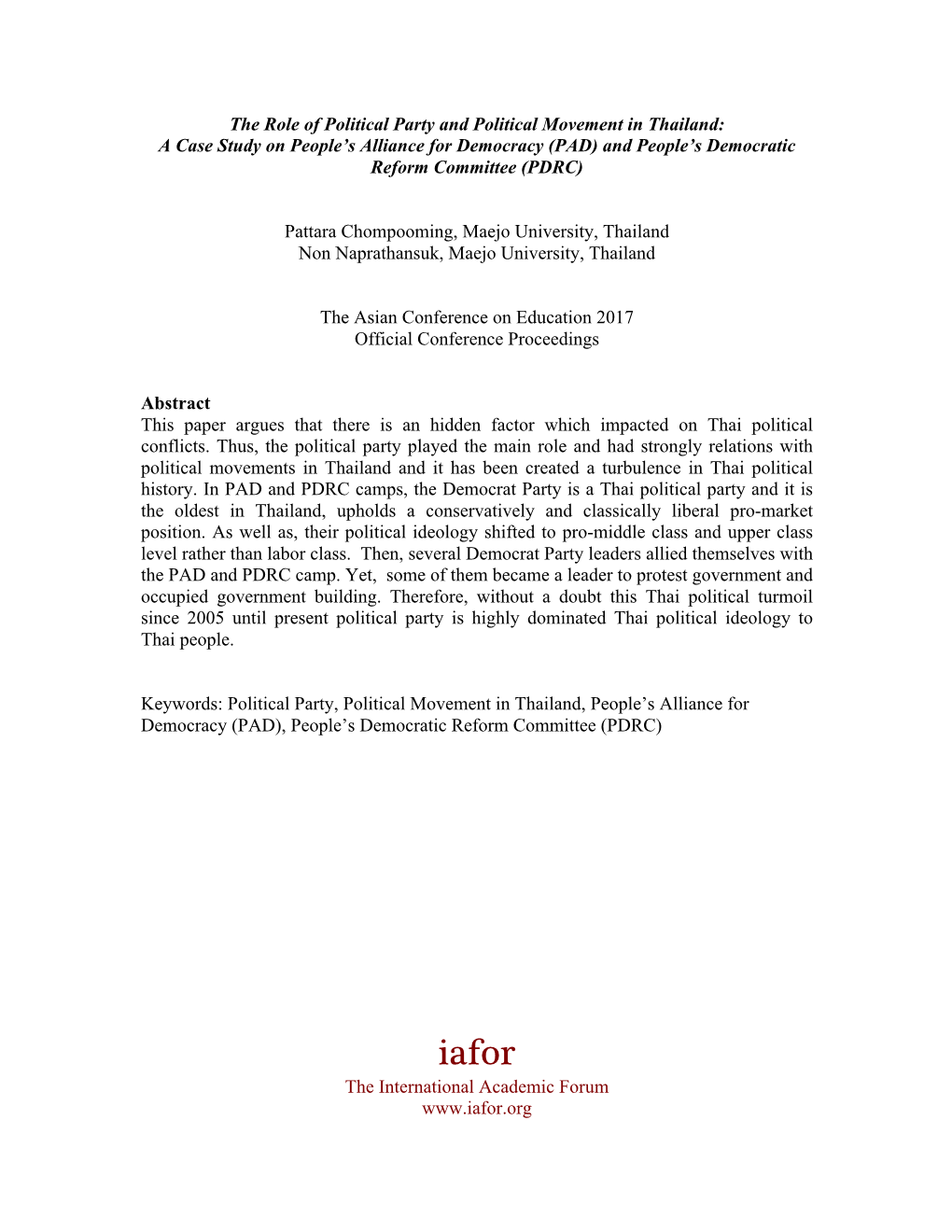 The Role of Political Party and Political Movement in Thailand: a Case Study on People’S Alliance for Democracy (PAD) and People’S Democratic Reform Committee (PDRC)