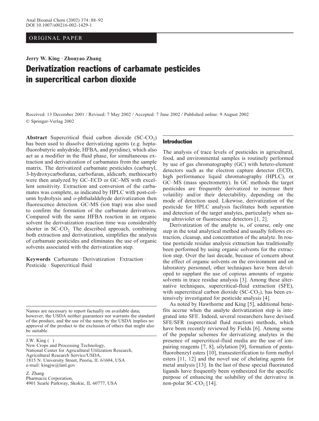 Derivatization Reactions of Carbamate Pesticides in Supercritical Carbon Dioxide