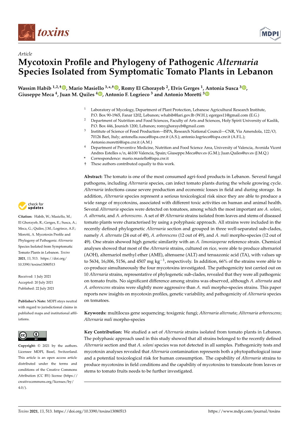 Mycotoxin Profile and Phylogeny of Pathogenic Alternaria Species Isolated from Symptomatic Tomato Plants in Lebanon