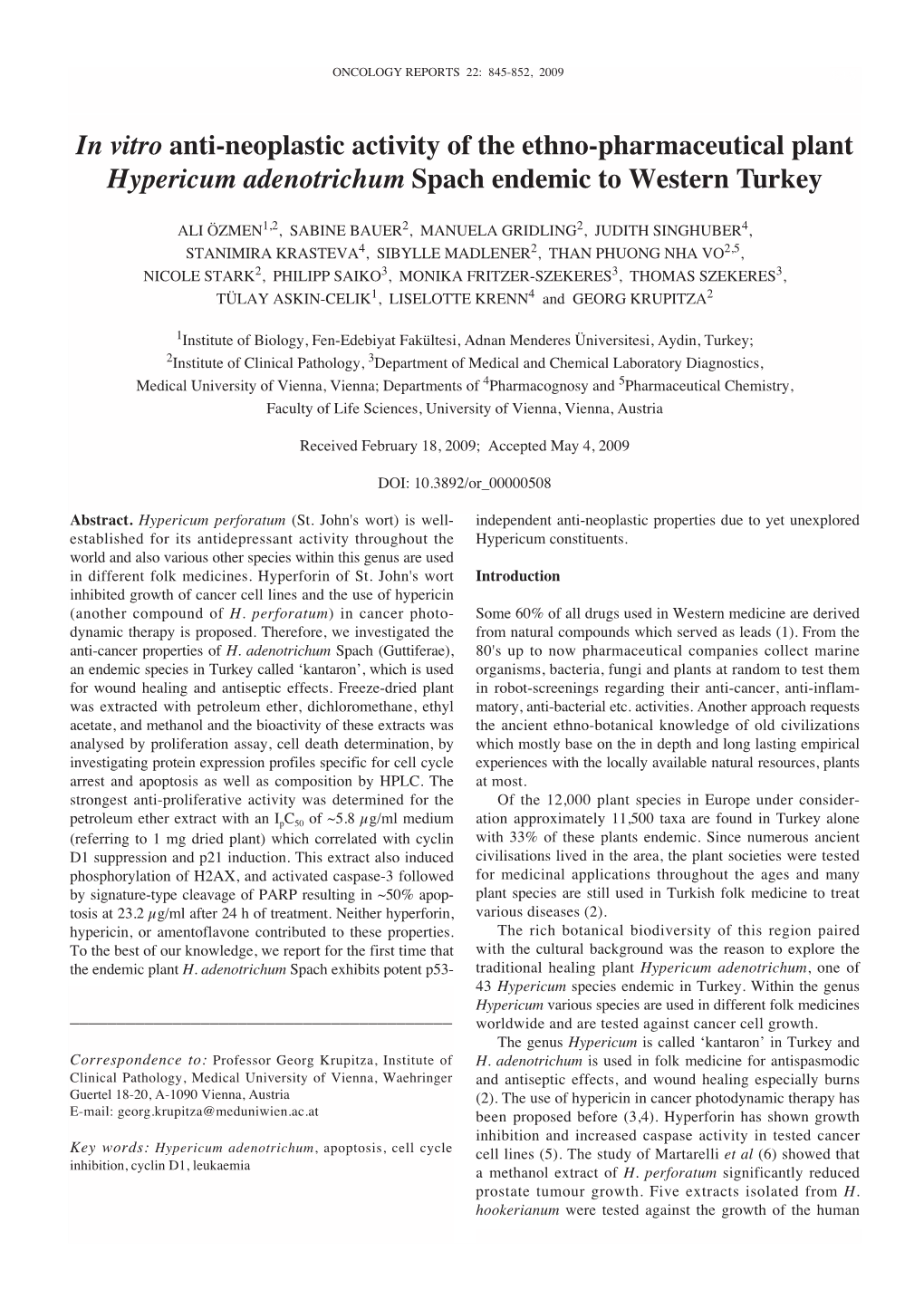 In Vitro Anti-Neoplastic Activity of the Ethno-Pharmaceutical Plant Hypericum Adenotrichum Spach Endemic to Western Turkey