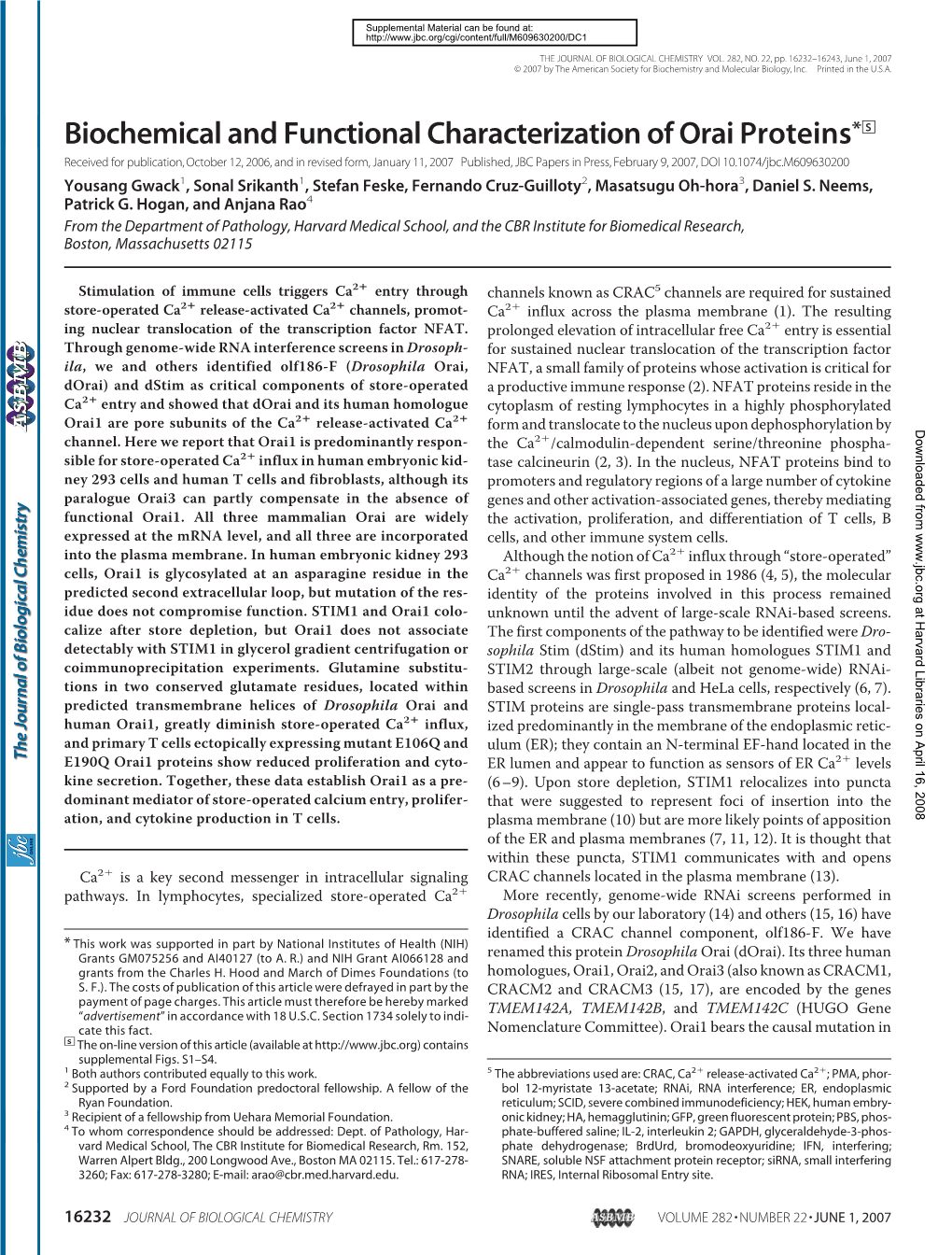 Biochemical and Functional Characterization of Orai Proteins* S