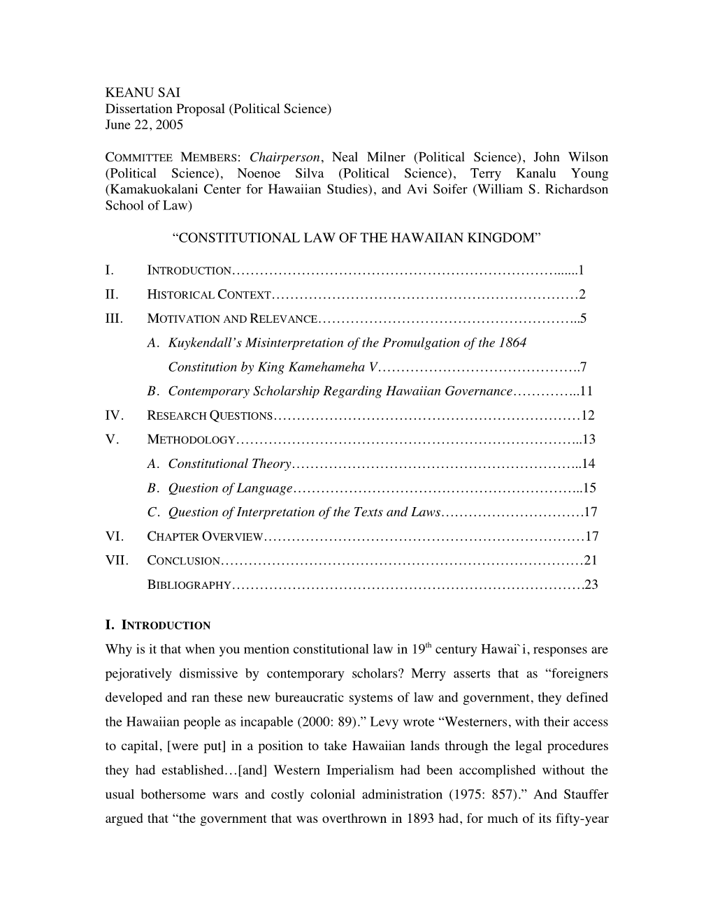 KEANU SAI Dissertation Proposal (Political Science) June 22, 2005