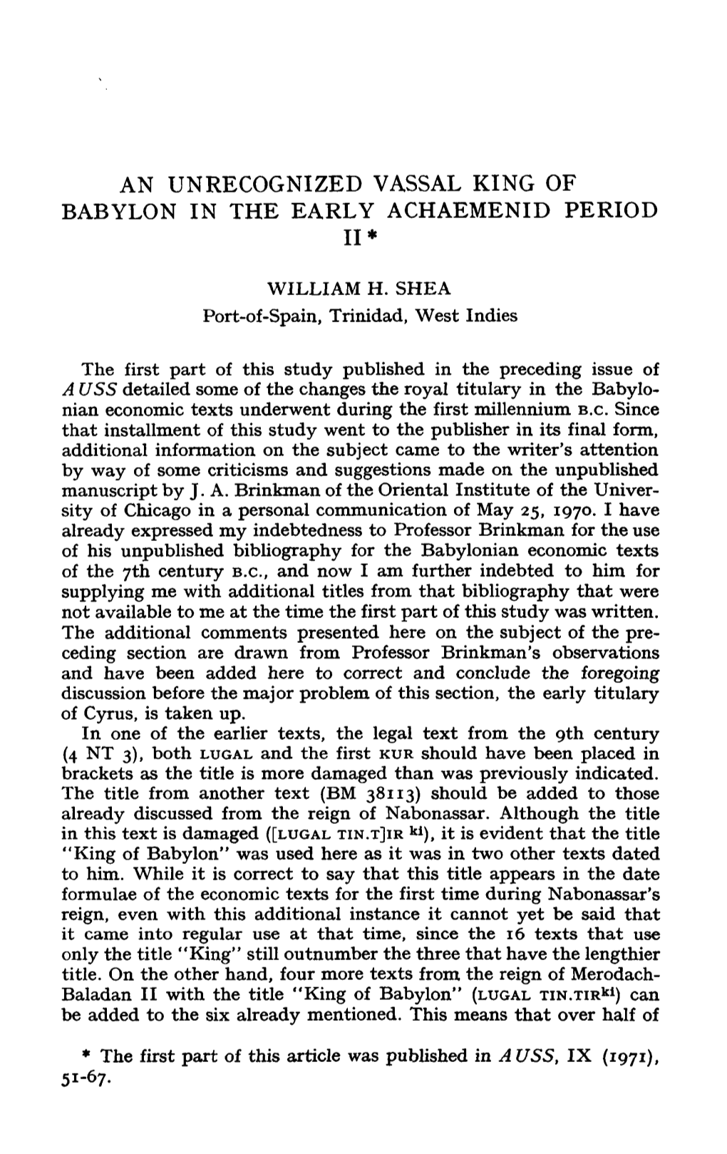 An Unrecognized Vassal King of Babylon in the Early Achaemenid Period I1 *