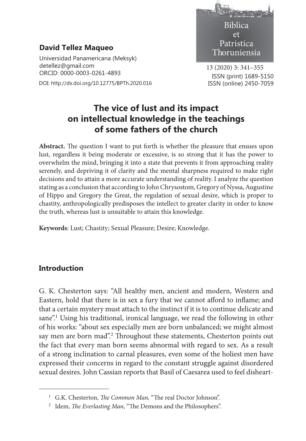 The Vice of Lust and Its Impact on Intellectual Knowledge in the Teachings of Some Fathers of the Church