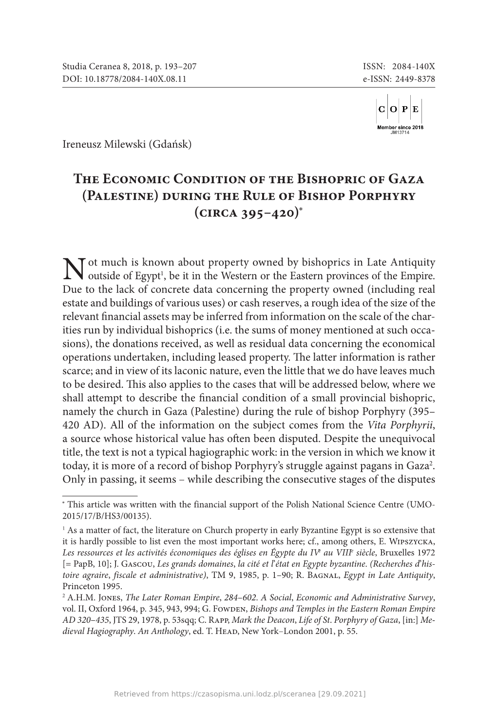 The Economic Condition of the Bishopric of Gaza (Palestine) During the Rule of Bishop Porphyry (Circa 395–420)*