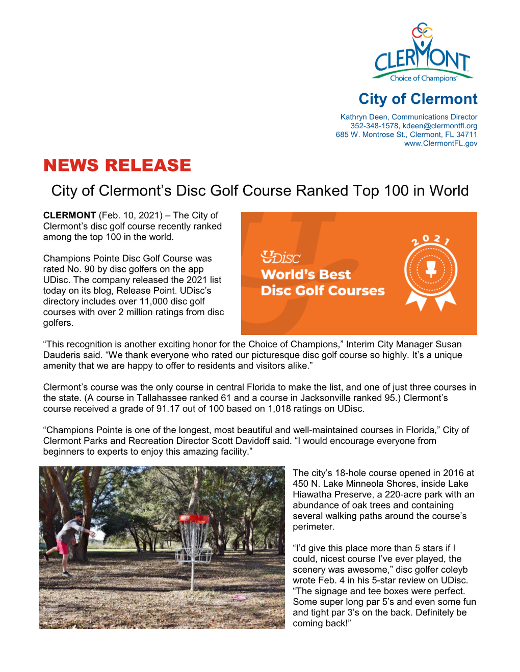 NEWS RELEASE City of Clermont’S Disc Golf Course Ranked Top 100 in World