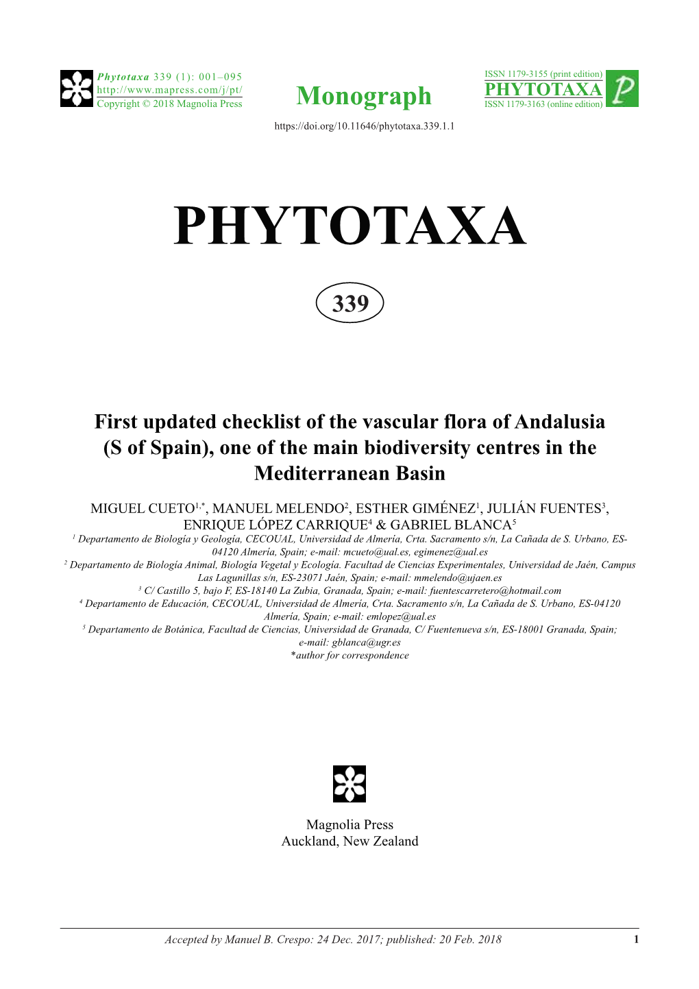 First Updated Checklist of the Vascular Flora of Andalusia (S of Spain), One of the Main Biodiversity Centres in the Mediterranean Basin