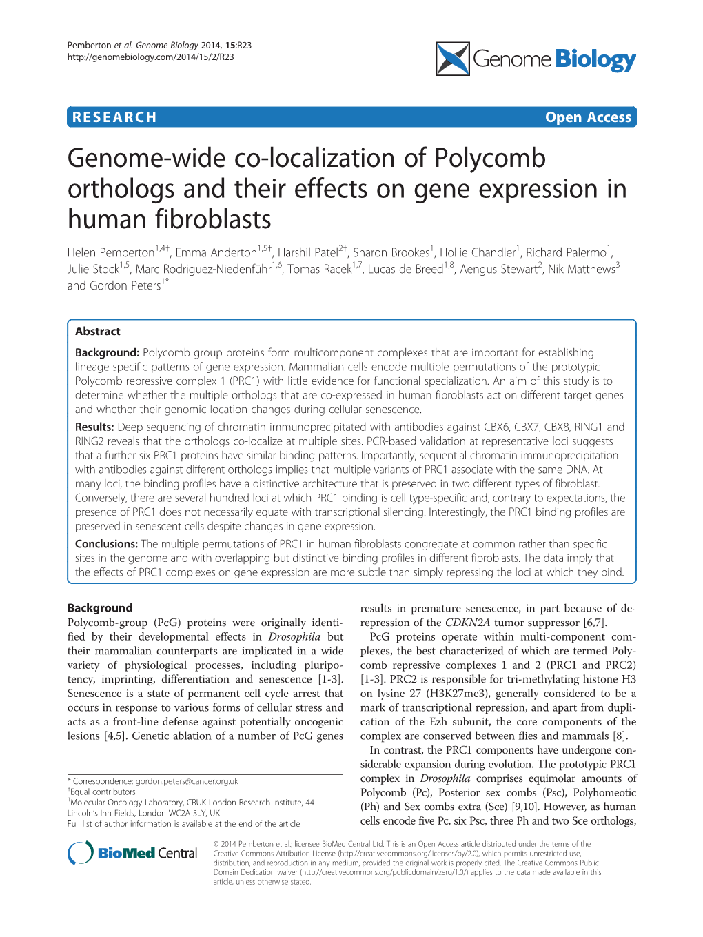 Genome-Wide Co-Localization of Polycomb Orthologs and Their Effects on Gene Expression in Human Fibroblasts