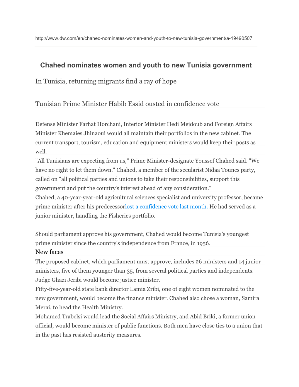 Chahed Nominates Women and Youth to New Tunisia Government