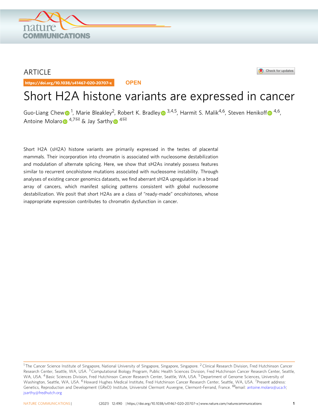 Short H2A Histone Variants Are Expressed in Cancer