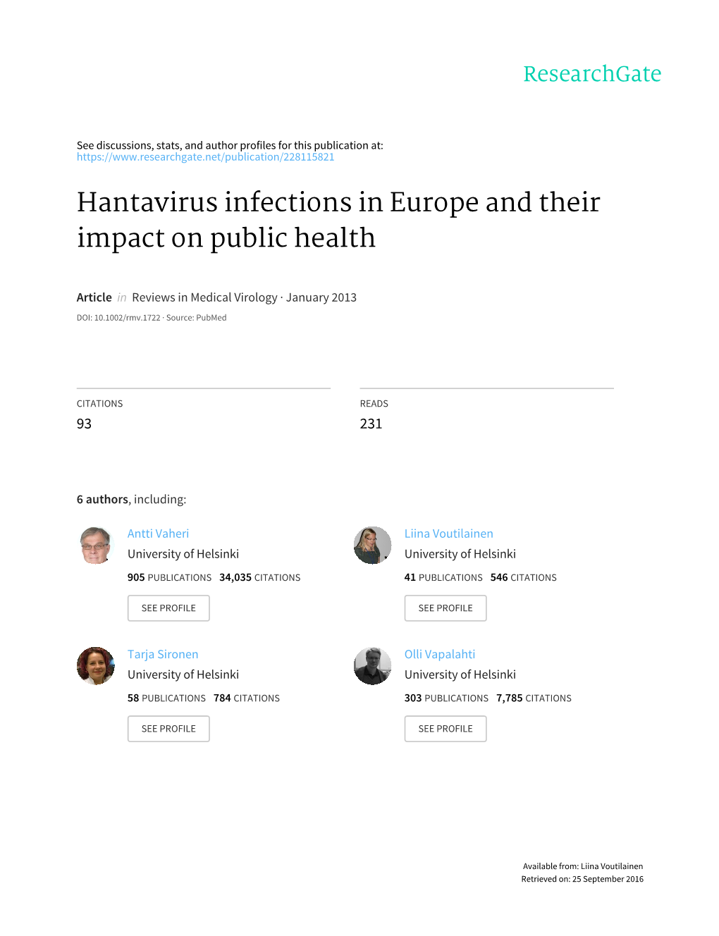 Hantavirus Infections in Europe and Their Impact on Public Health