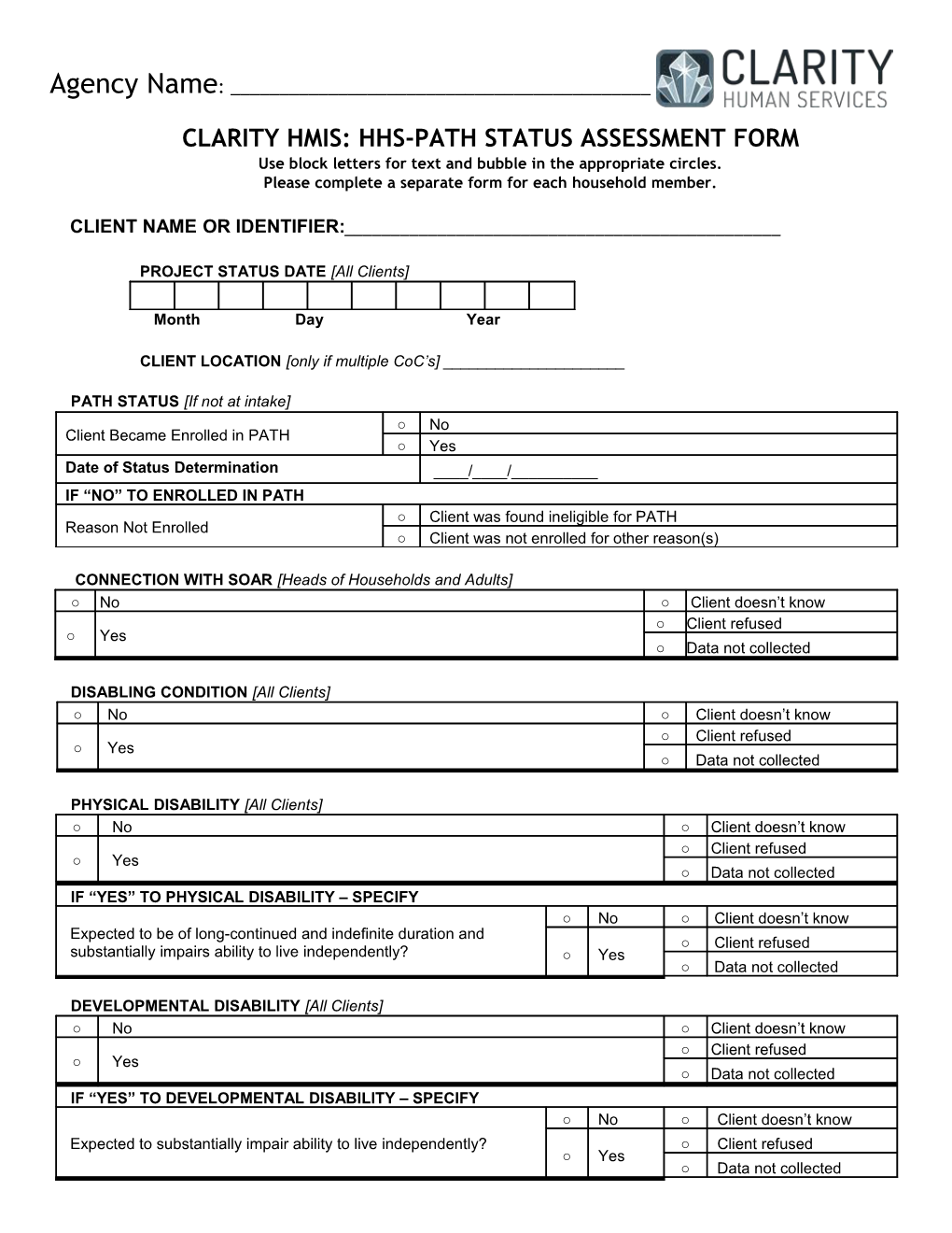 Clarity Hmis: Hhs-Path Status Assessment Form