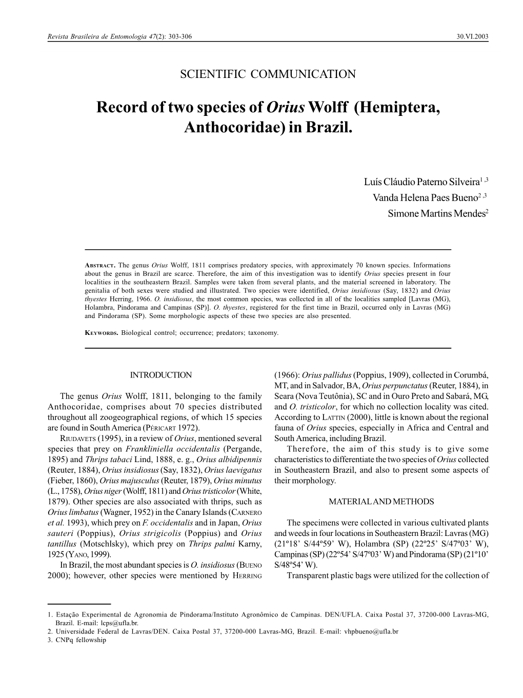 Record of Two Species of Orius Wolff (Hemiptera, Anthocoridae) in Brazil