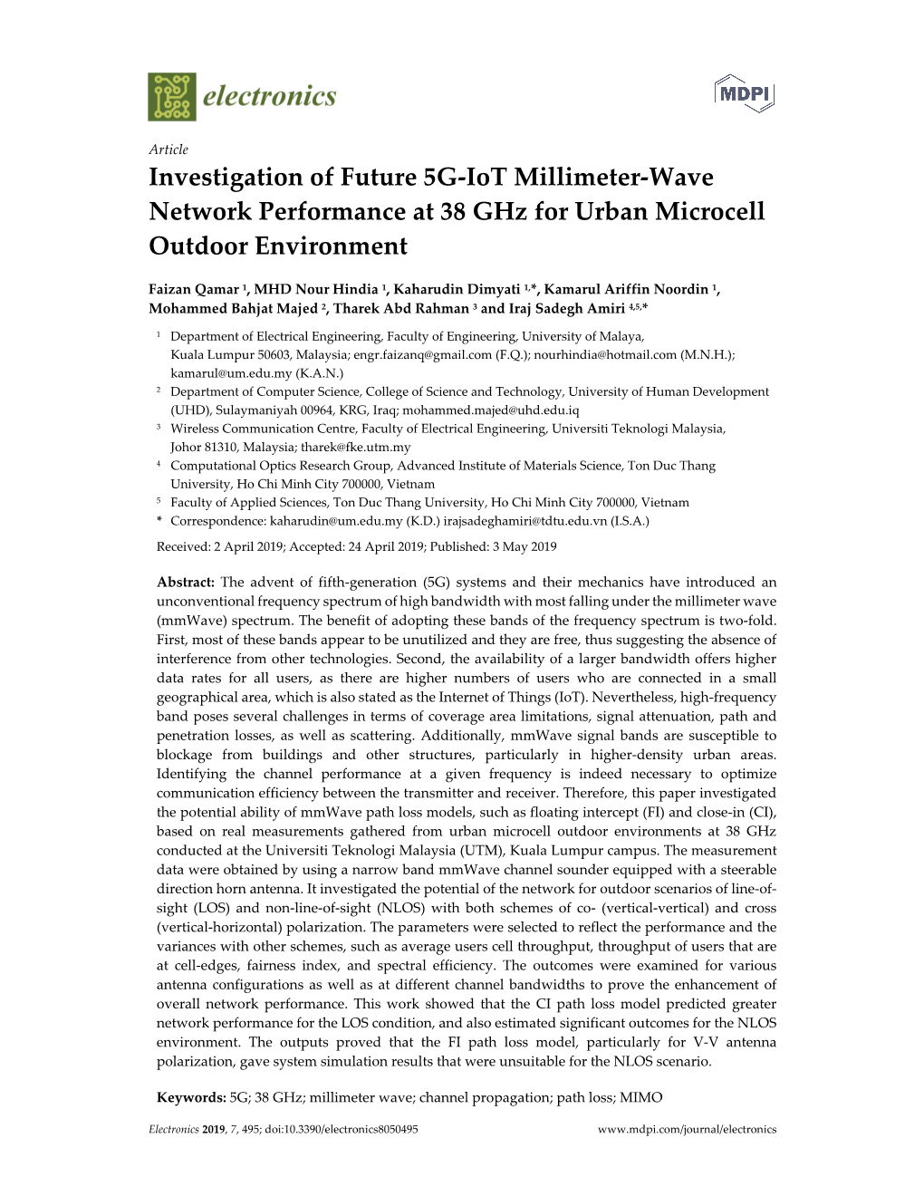 Investigation of Future 5G-Iot Millimeter-Wave Network Performance at 38 Ghz for Urban Microcell Outdoor Environment