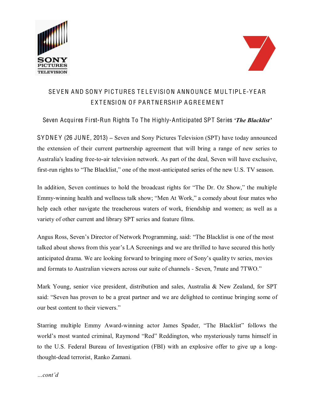 Seven and Sony Pictures Television Announce