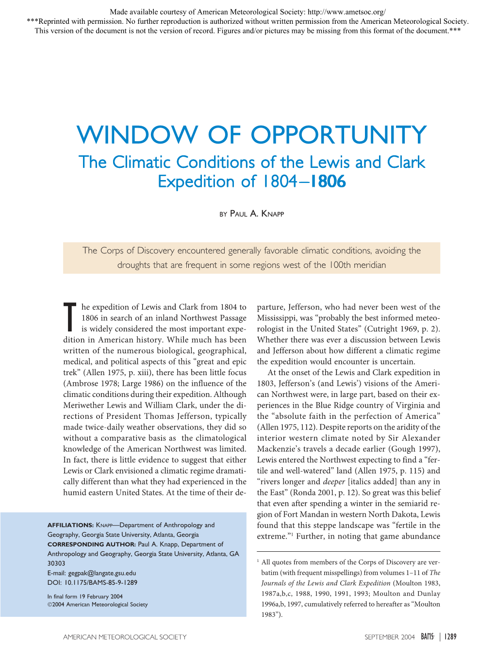 Window of Opportunity: the Climatic Conditions of the Lewis And
