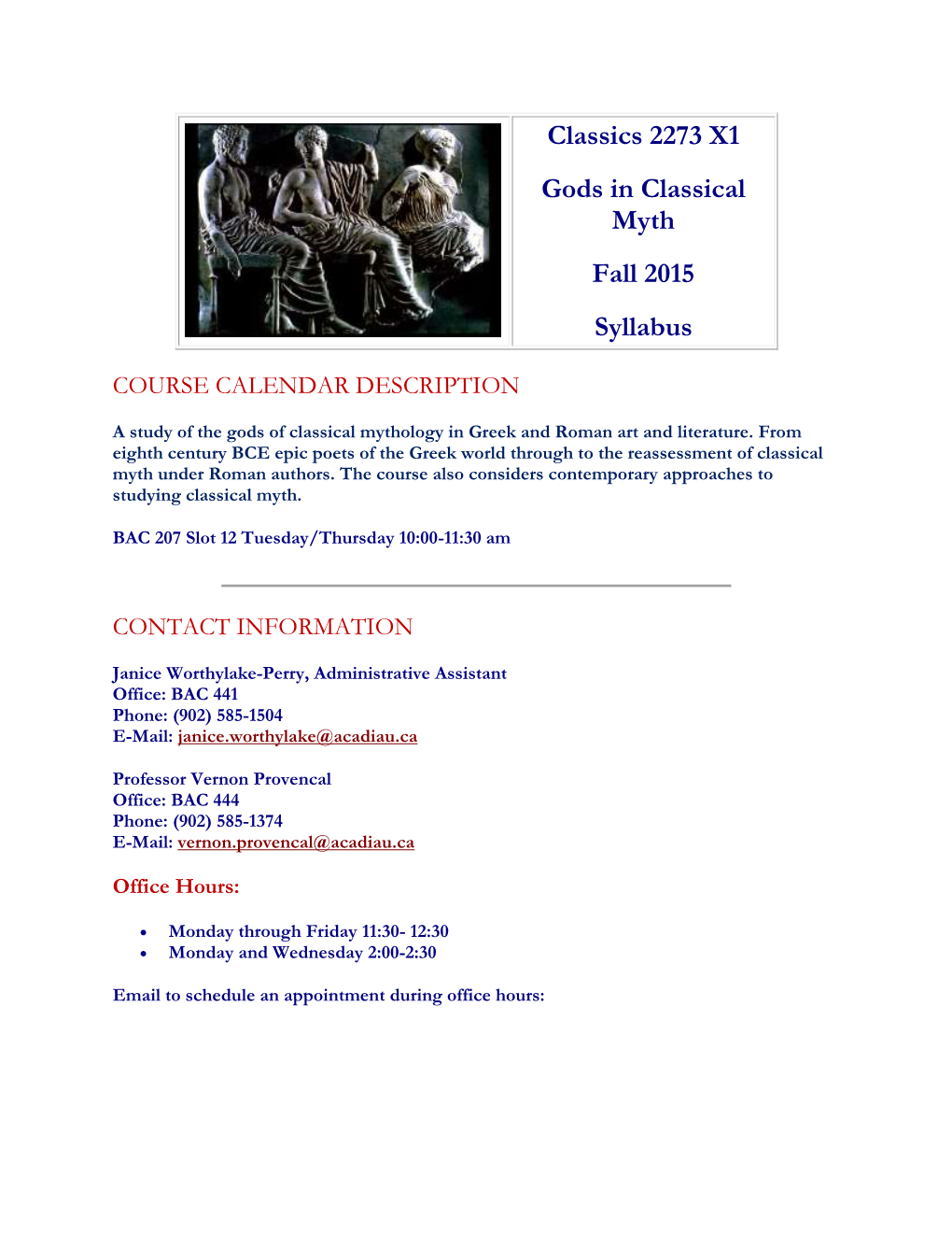 Gods in Classical Myth Fall 2015