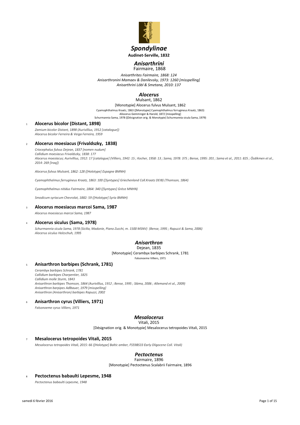 Catalogue Spondylinae