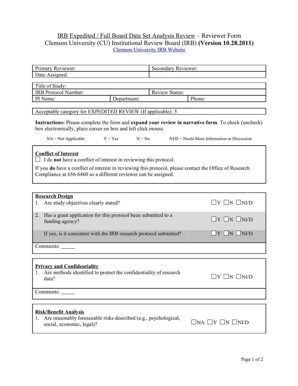 IRB Initial Reviewer Form