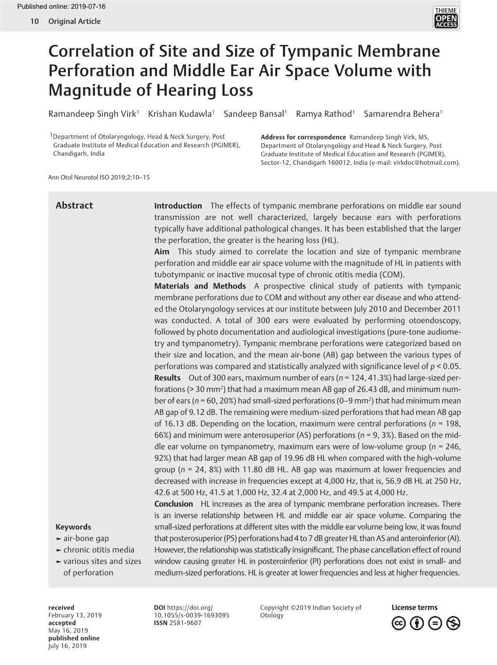 Correlation of Site and Size of Tympanic Membrane Perforation and Middle Ear Air Space Volume with Magnitude of Hearing Loss