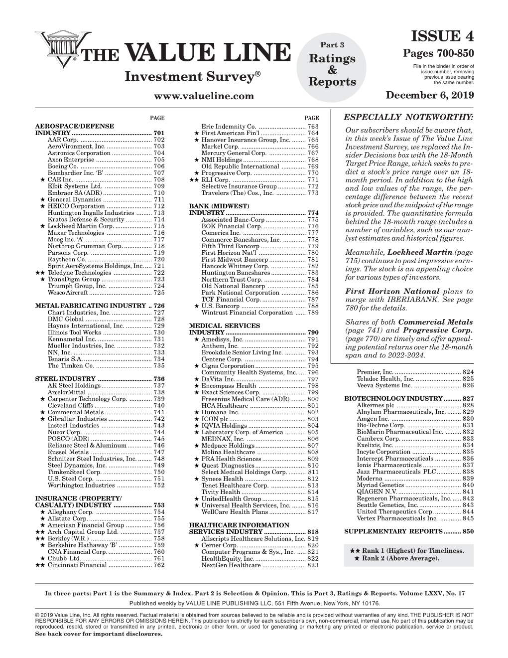 THE VALUE LINE Ratings Pages 700-850 File in the Binder in Order of ® & Issue Number, Removing Investment Survey Previous Issue Bearing Reports the Same Number