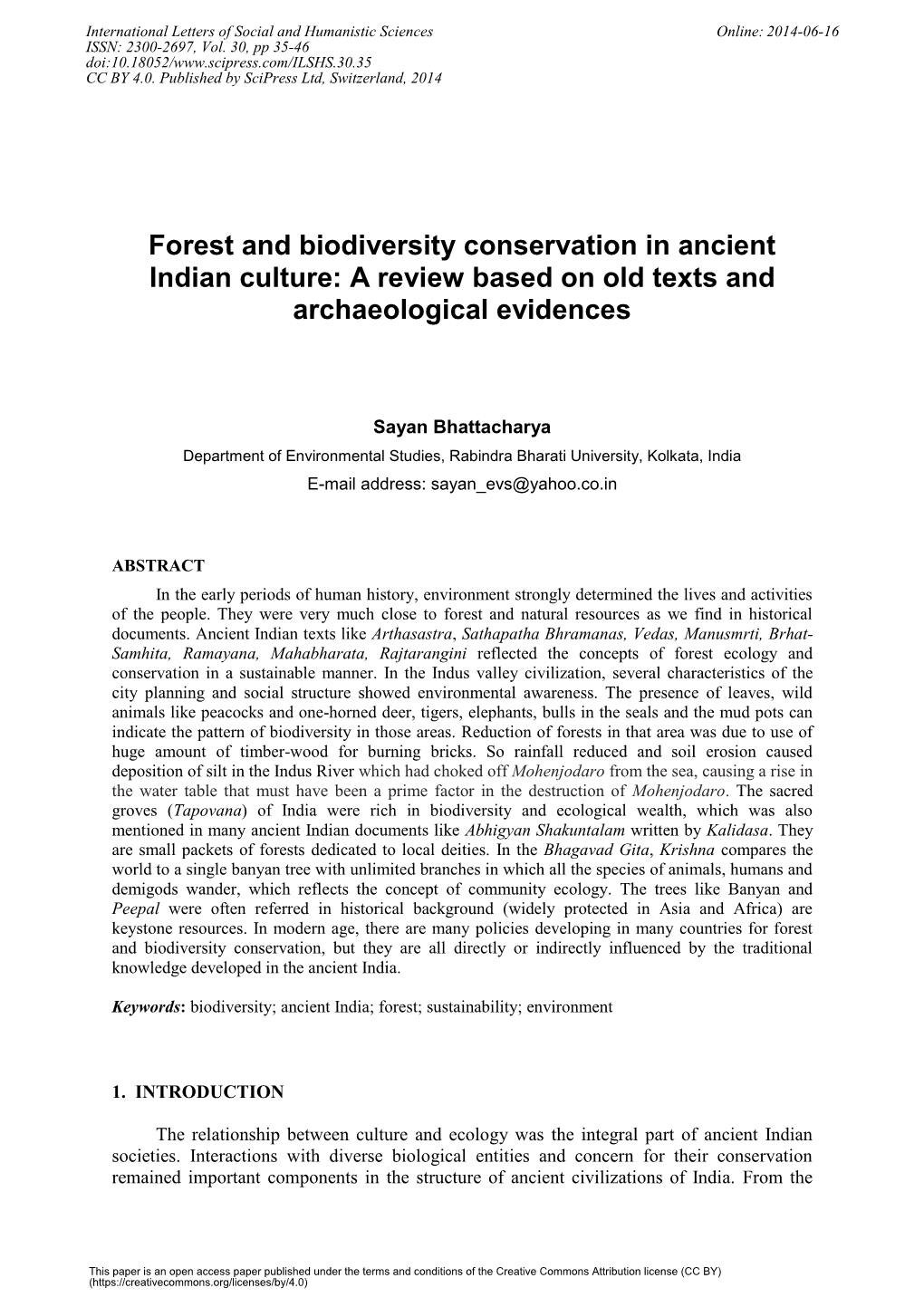 Forest and Biodiversity Conservation in Ancient Indian Culture: a Review Based on Old Texts and Archaeological Evidences