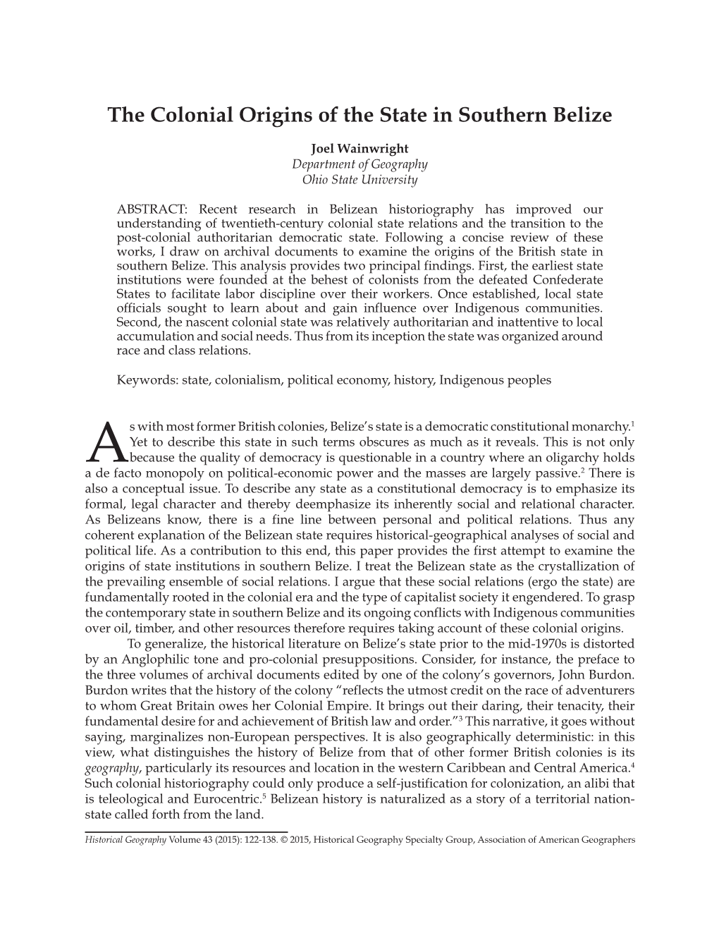 The Colonial Origins of the State in Southern Belize