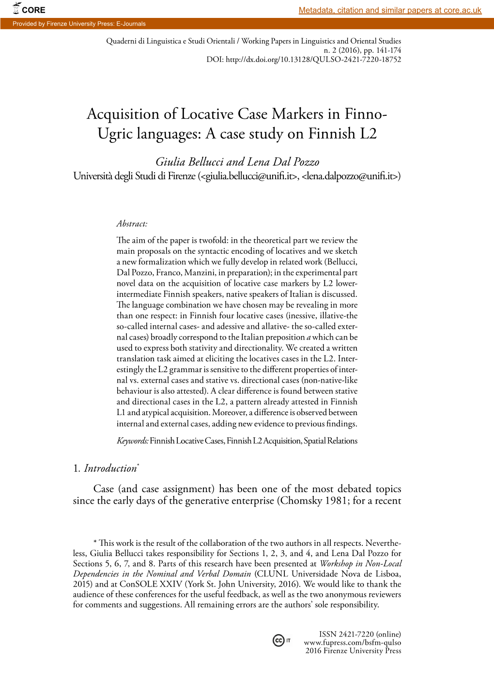 Acquisition of Locative Case Markers in Finno- Ugric Languages: a Case Study on Finnish L2