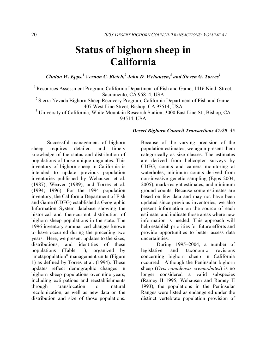 Status of Bighorn Sheep in California