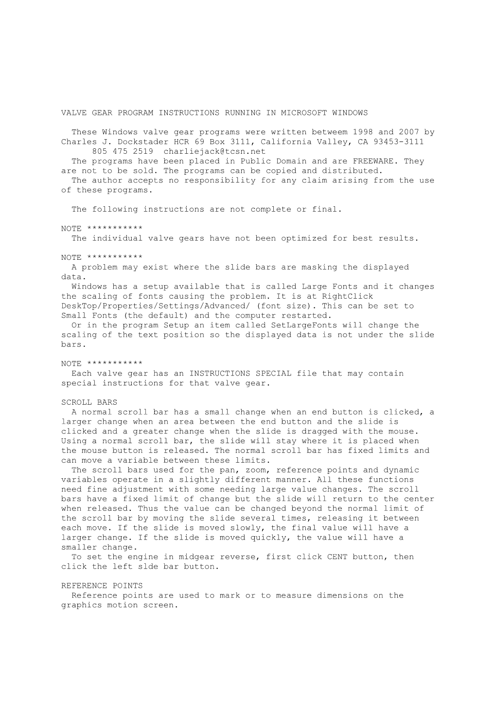 VALVE GEAR PROGRAM INSTRUCTIONS RUNNING in MICROSOFT WINDOWS These Windows Valve Gear Programs Were Written Betweem 1998 And