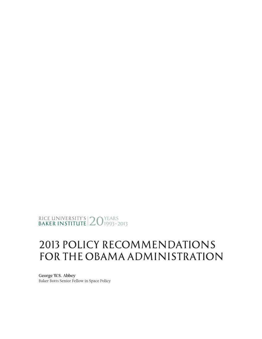 2013 Policy Recommendations for the Obama Administration