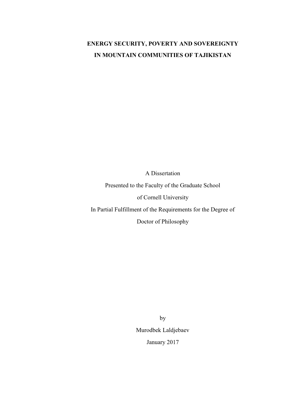 Energy Security, Poverty and Sovereignty in Mountain Communities of Tajikistan