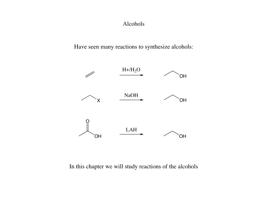 In This Chapter We Will Study Reactions of the Alcohols Oxidation